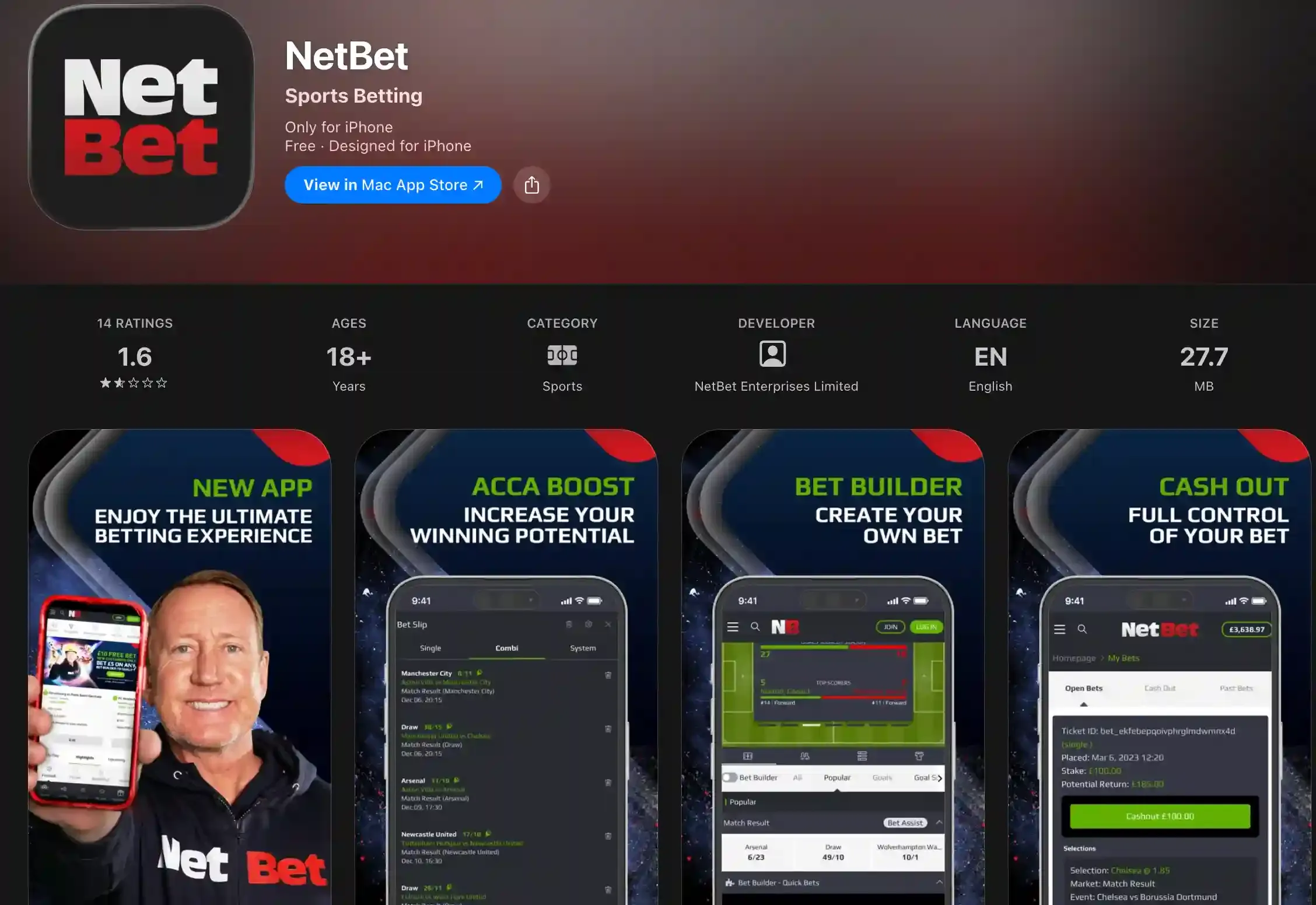 NetBet Sports Betting iPhone App Store listing with a 1.6 rating and app feature previews