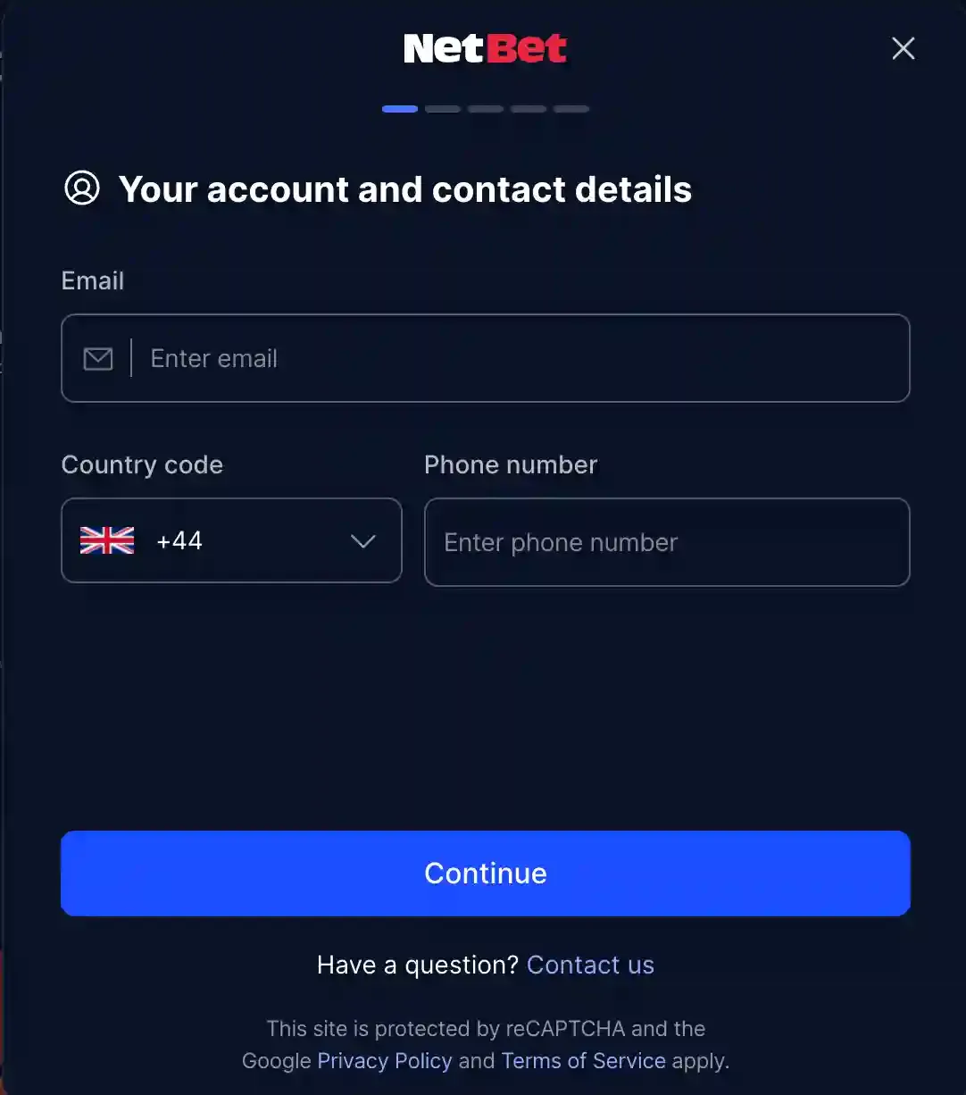 NetBet registration form for an email address, UK country code and phone number