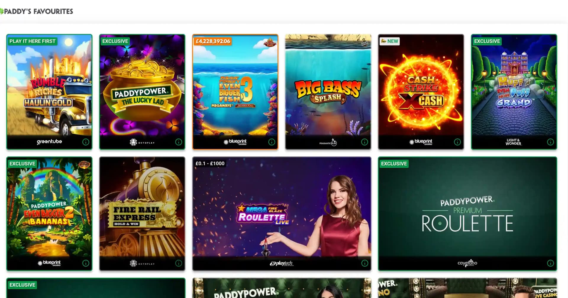 Paddy's Favourites grid with Haulin' Gold, The Lucky Lad, Big Bass Splash and live roulette tiles