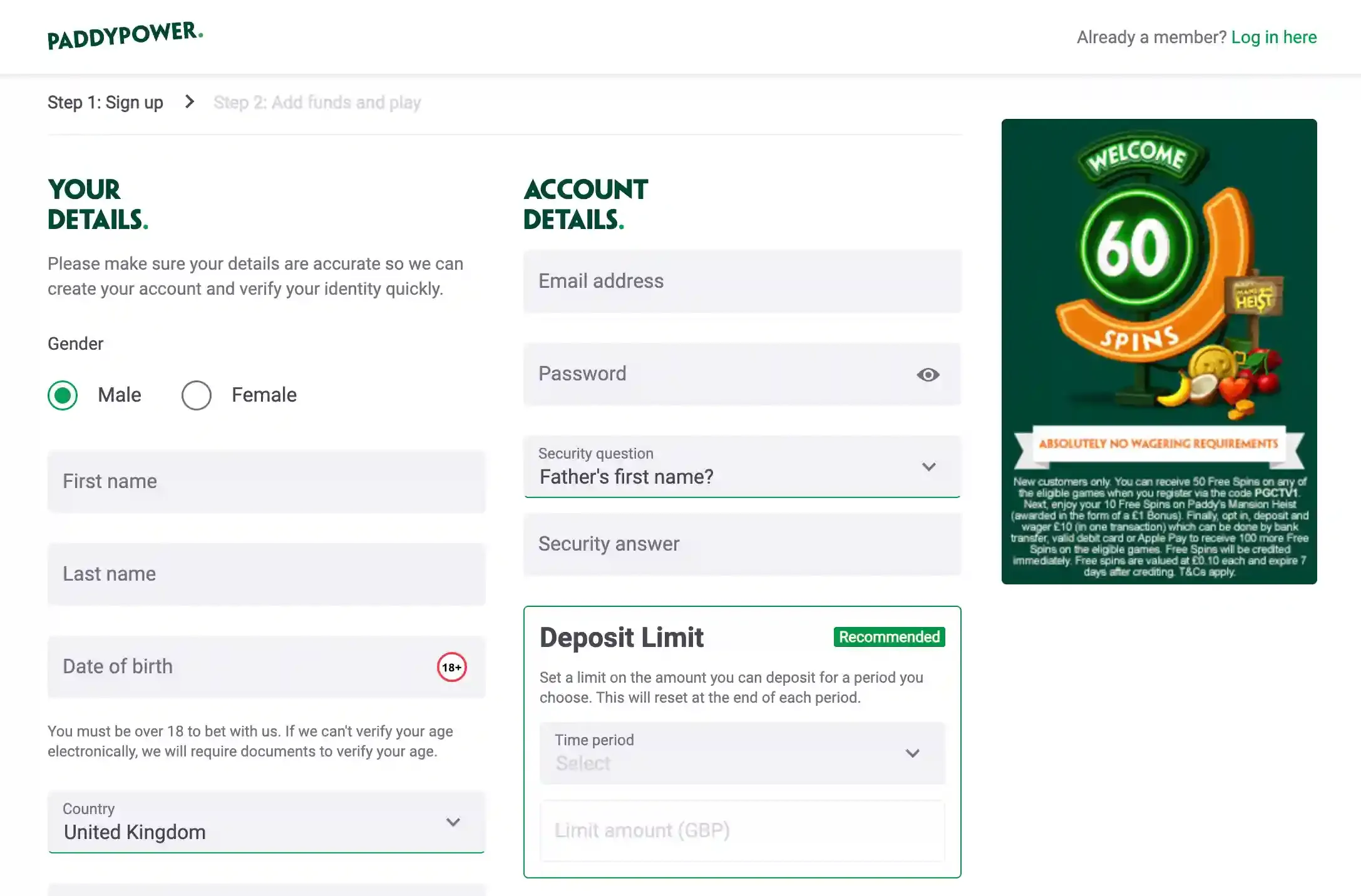 Paddy Power sign-up form with personal and account details, deposit-limit controls and a 60-spins offer panel