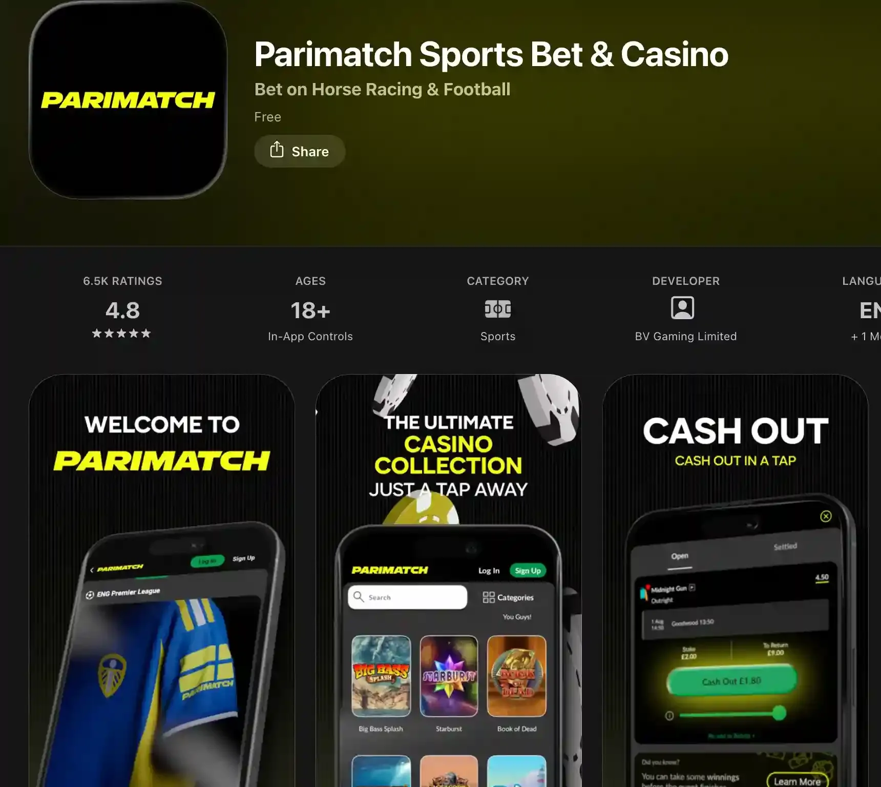 Parimatch Sports Bet & Casino App Store listing, rated 4.8 from 6.5K ratings and developed by BV Gaming Limited