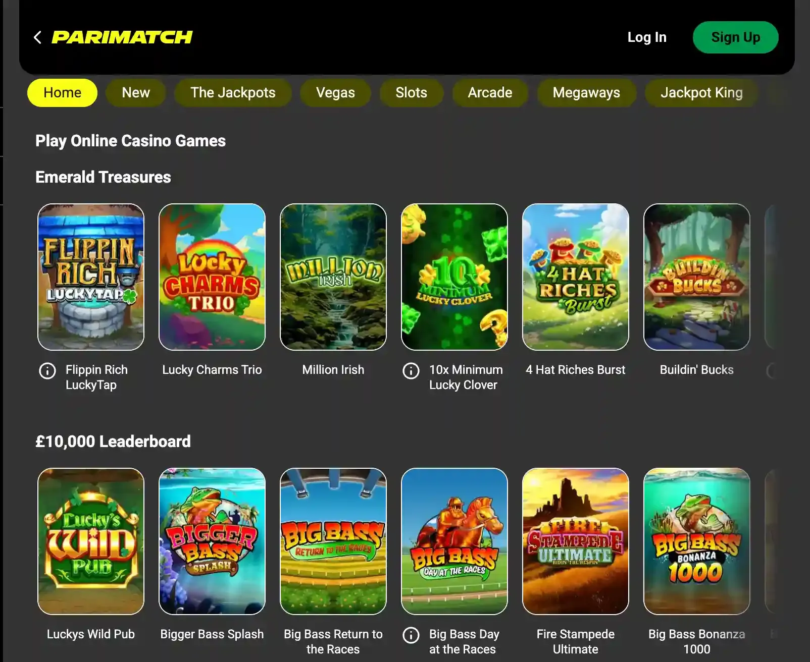 Parimatch casino lobby with category tabs and Emerald Treasures and £10,000 Leaderboard slot rows