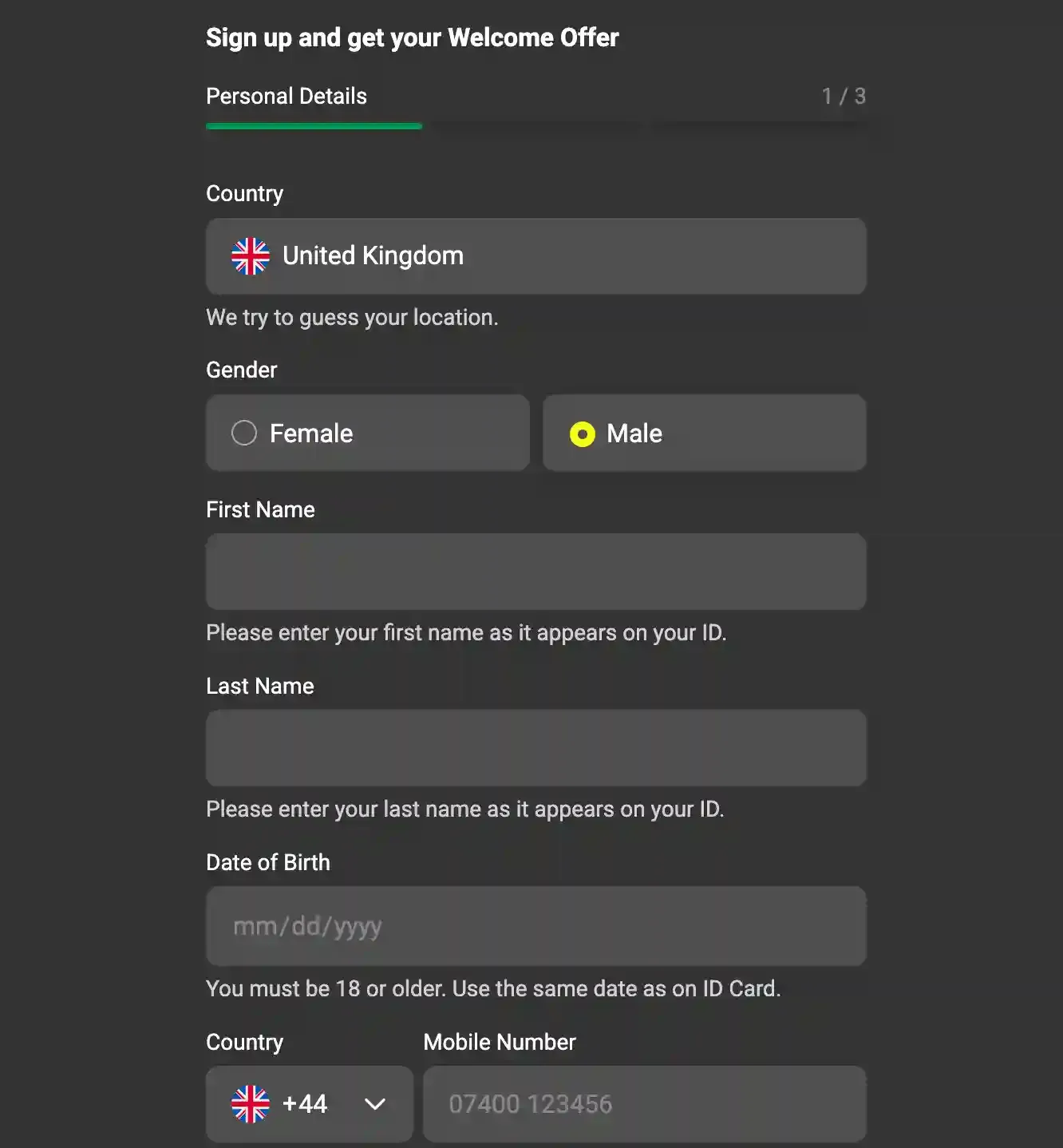 Parimatch personal-details signup form with UK country, gender, name, date-of-birth and mobile-number fields