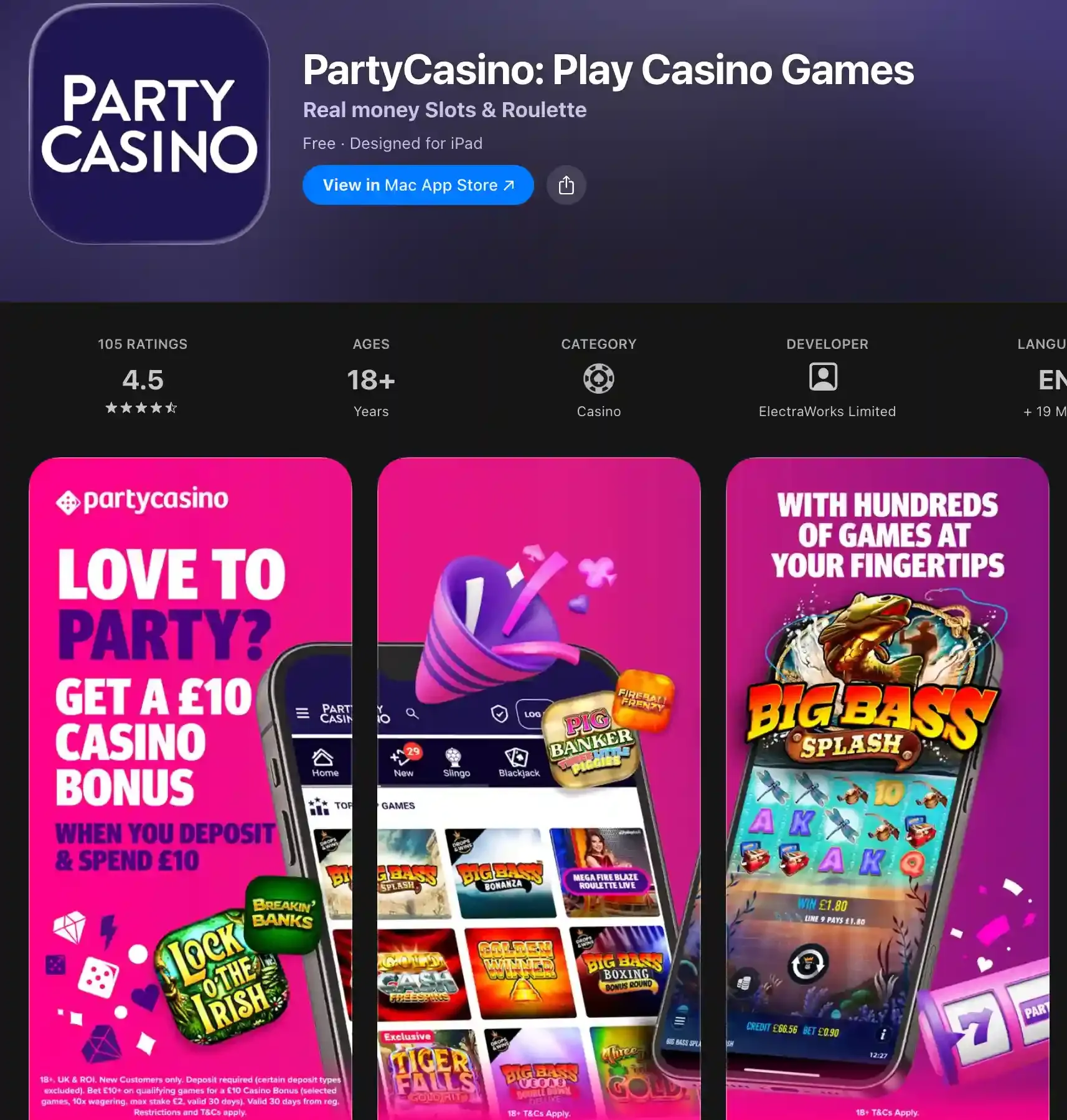 PartyCasino iPad App Store listing with a 4.5 rating and casino game previews