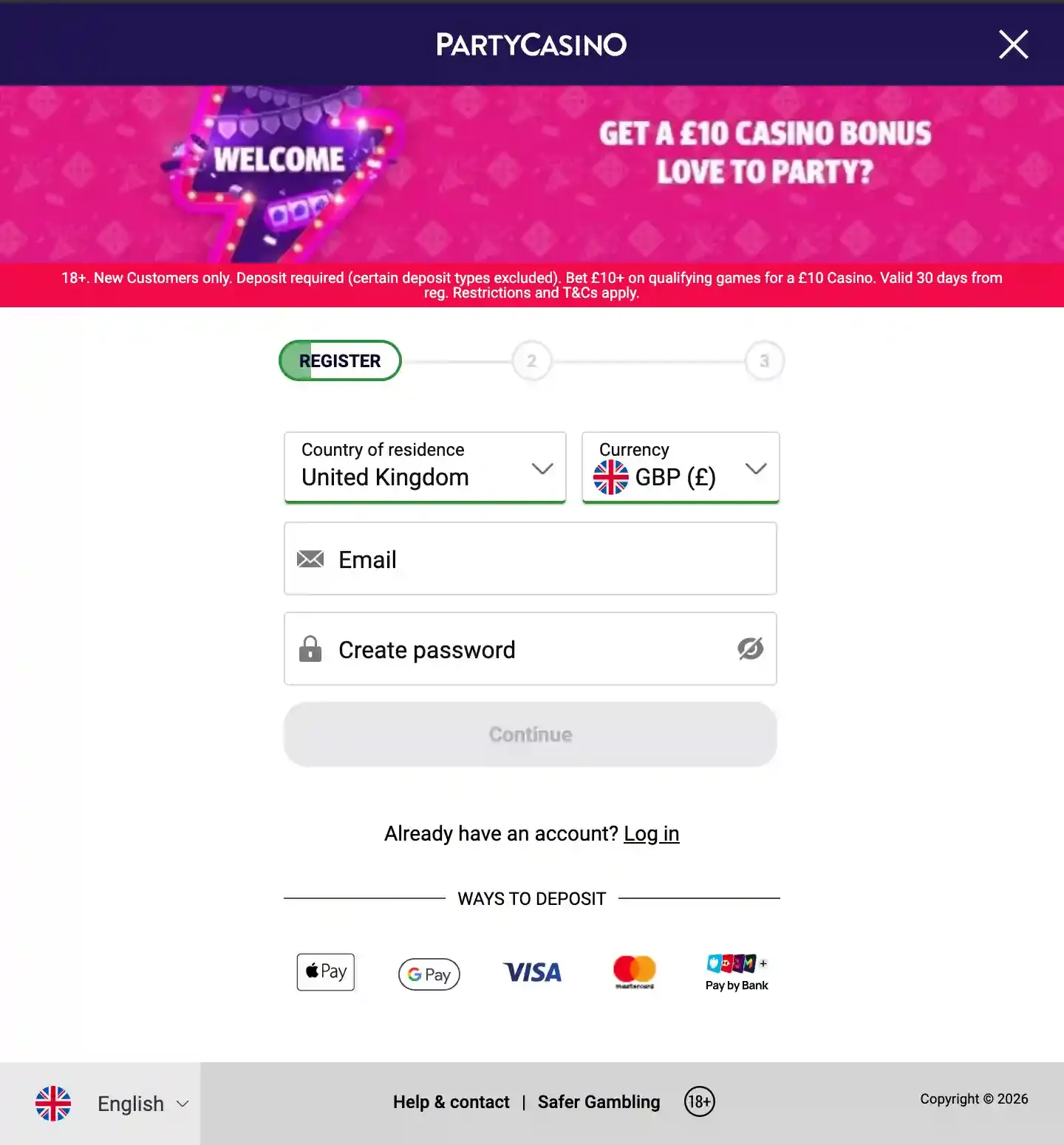 PartyCasino registration form with a £10 casino bonus banner, email and password fields