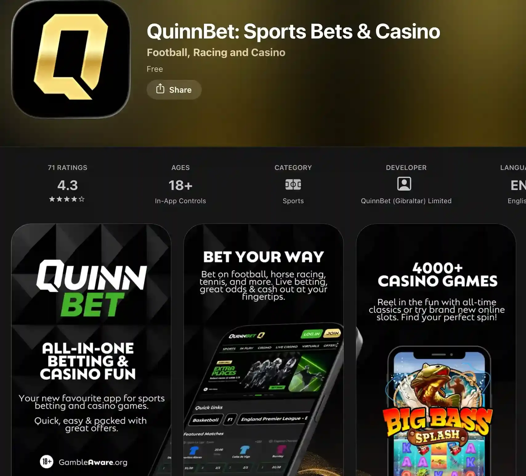 QuinnBet Sports Bets & Casino App Store listing with a 4.3 rating and betting and casino preview images