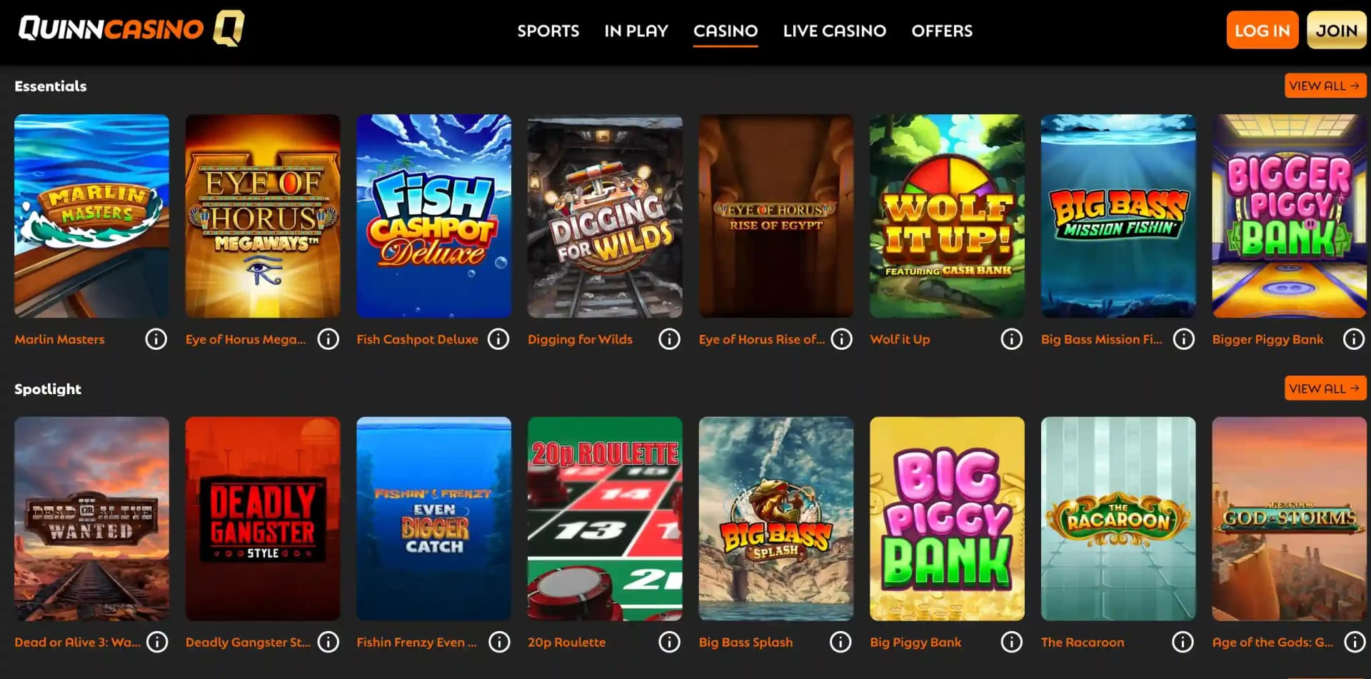 QuinnCasino catalogue showing Essentials and Spotlight game tiles including Big Bass Splash and 20p Roulette