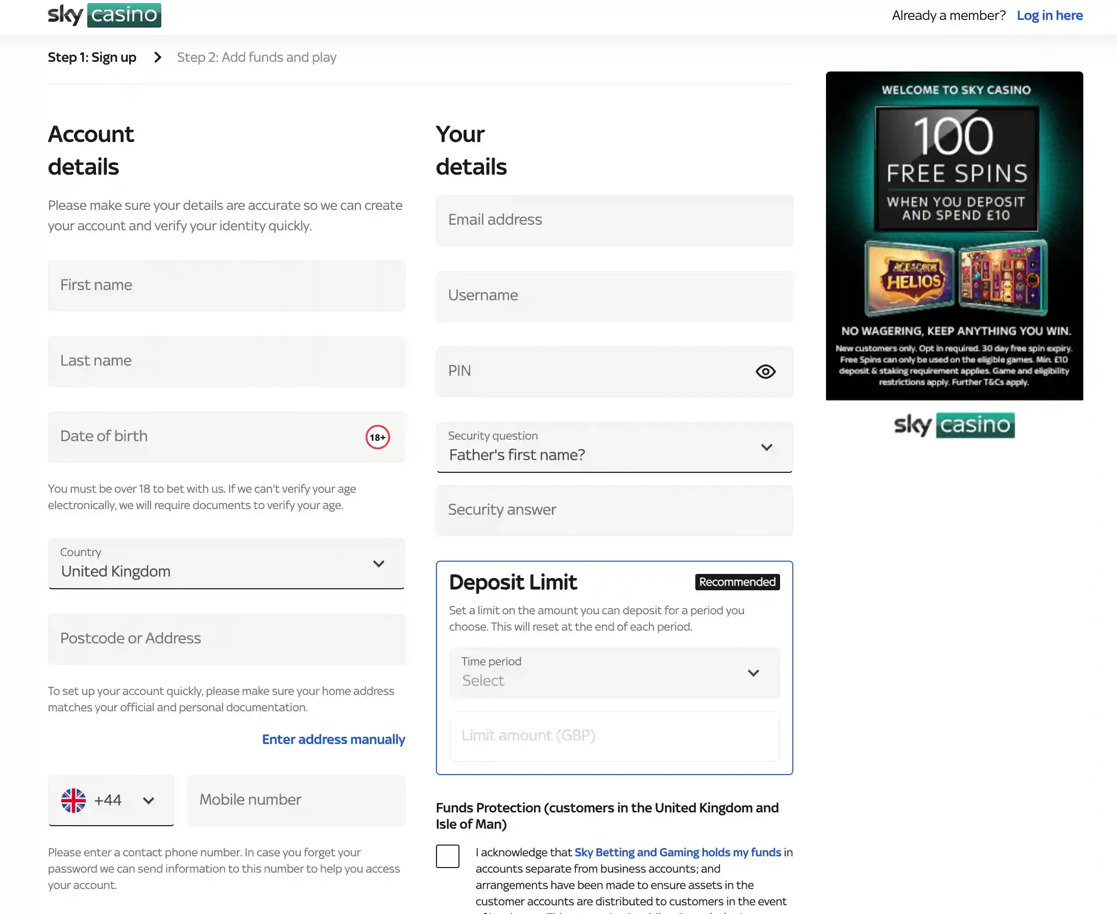 Sky Casino registration form with personal, account and deposit-limit fields beside a 100-free-spins offer