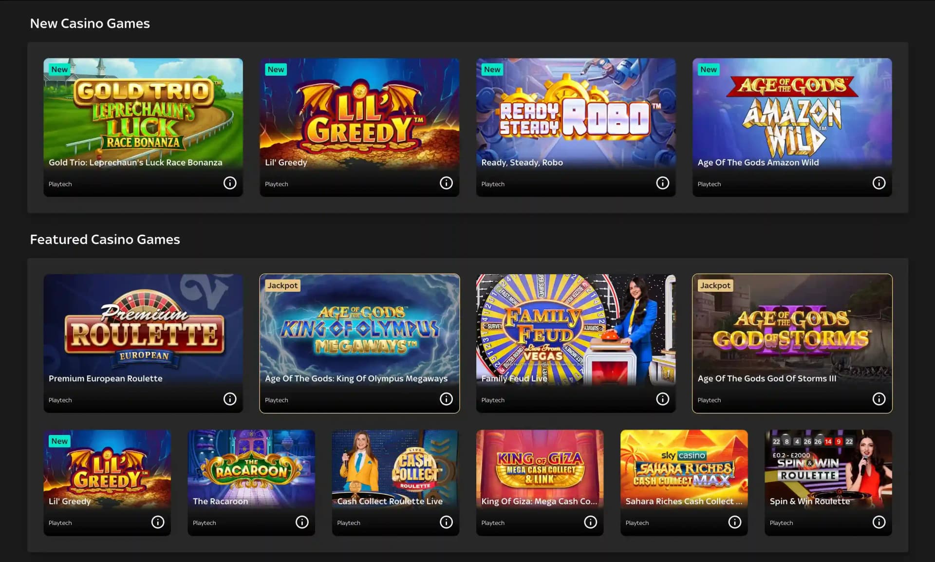 Sky Casino new and featured games with Lil’ Greedy, Premium European Roulette and Family Feud Live tiles