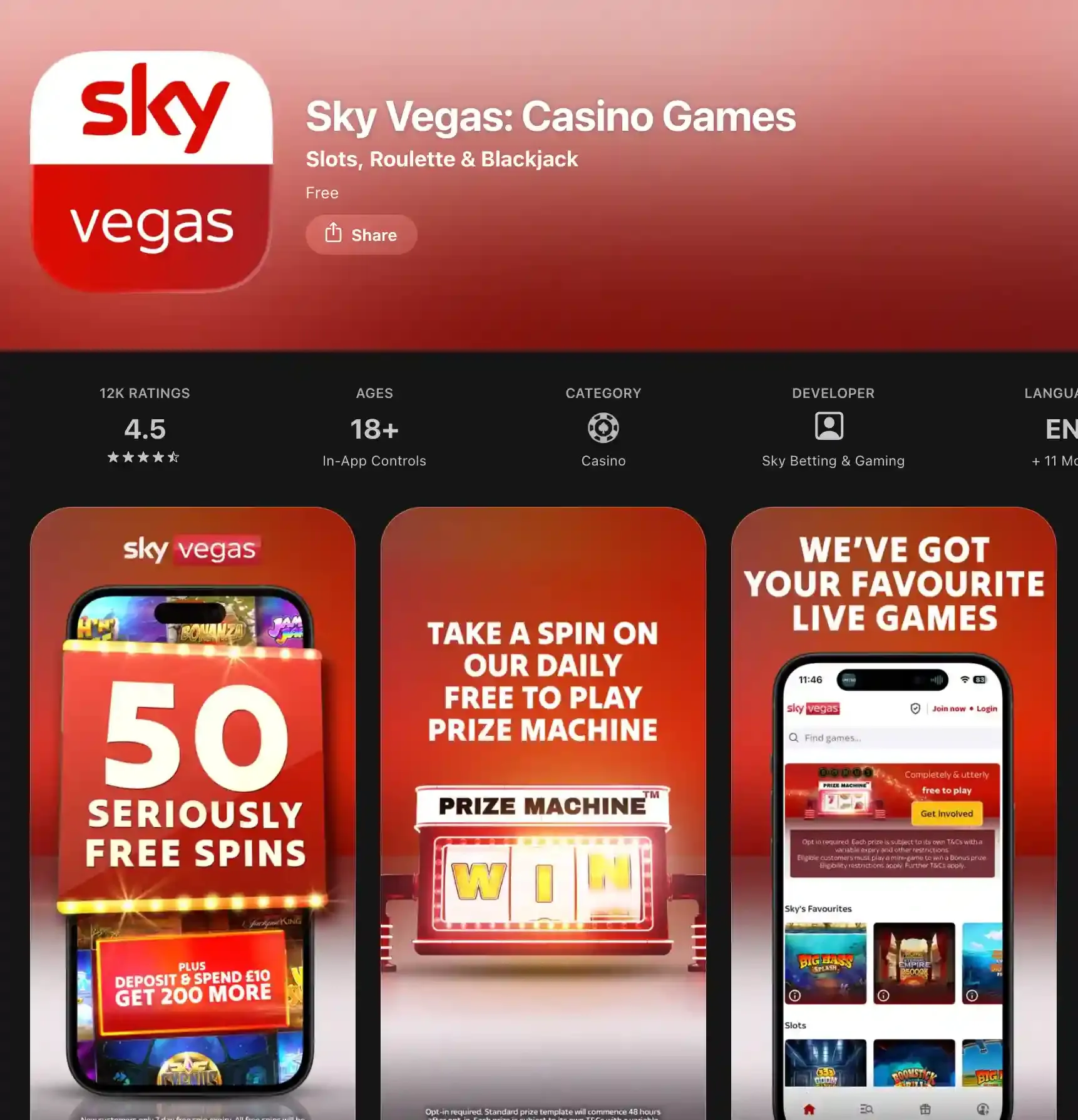 Sky Vegas app screenshot