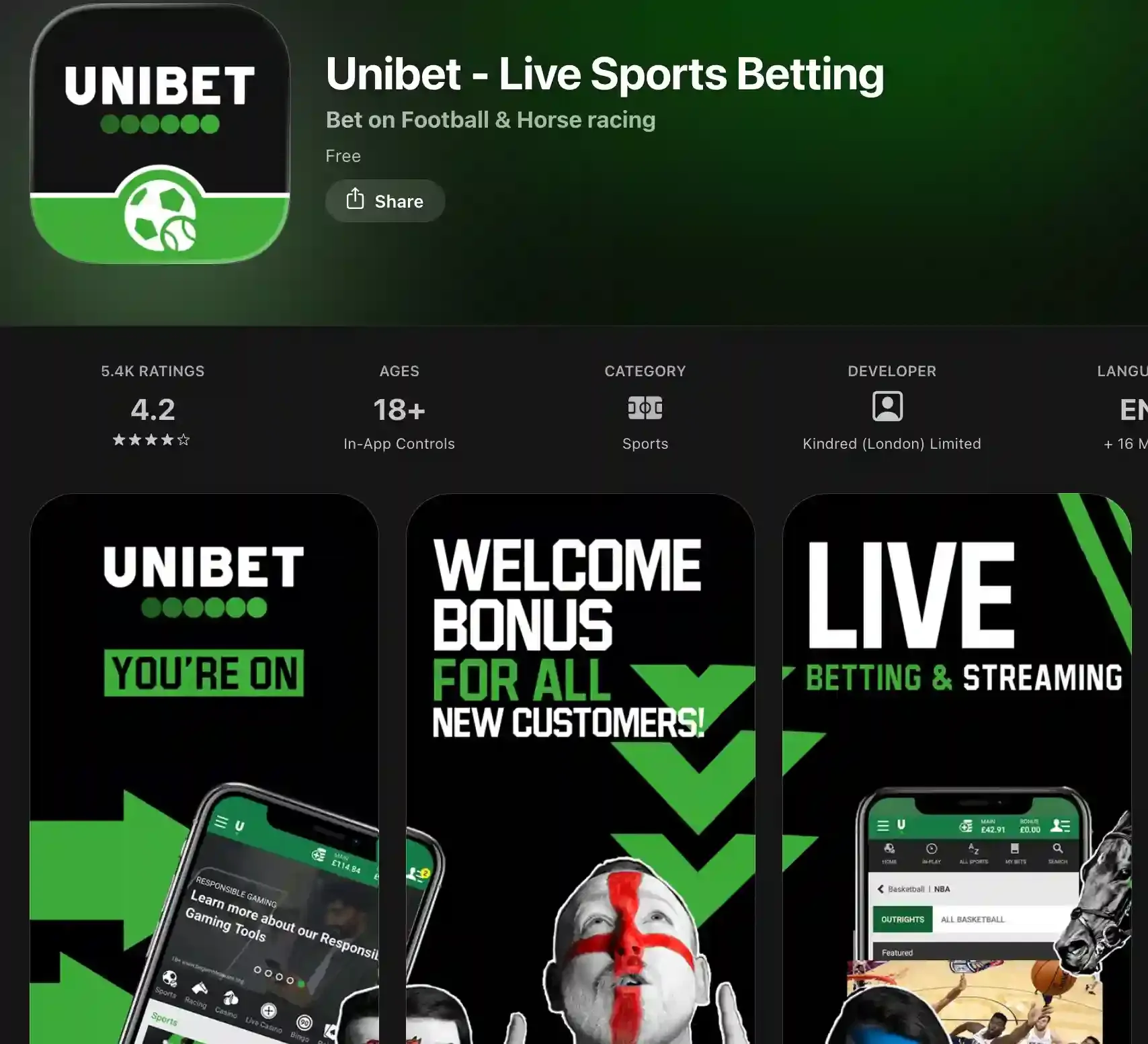 UK App Store listing for Unibet Live Sports Betting, rated 4.2 from 5.4K ratings