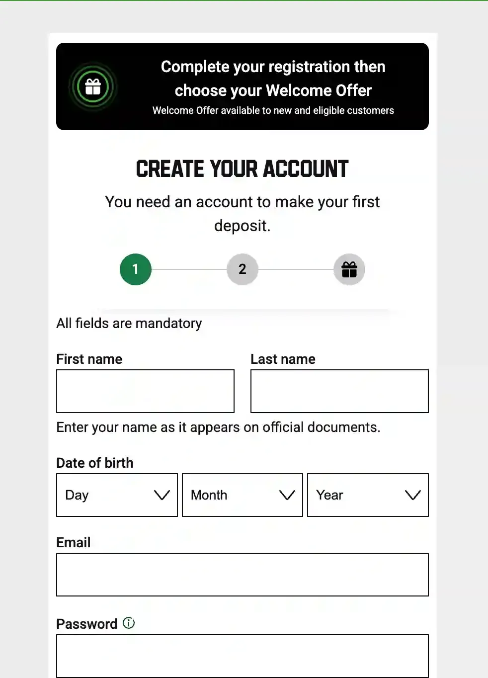 Unibet account registration form with name, date of birth, email and password fields