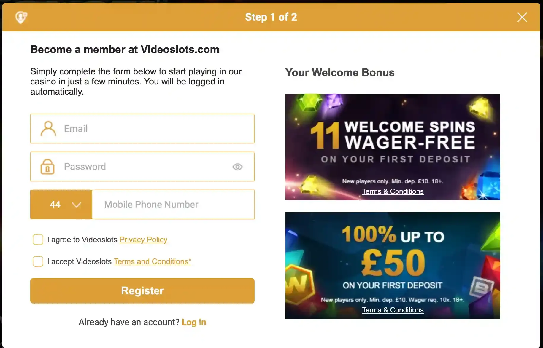 Videoslots join screenshot