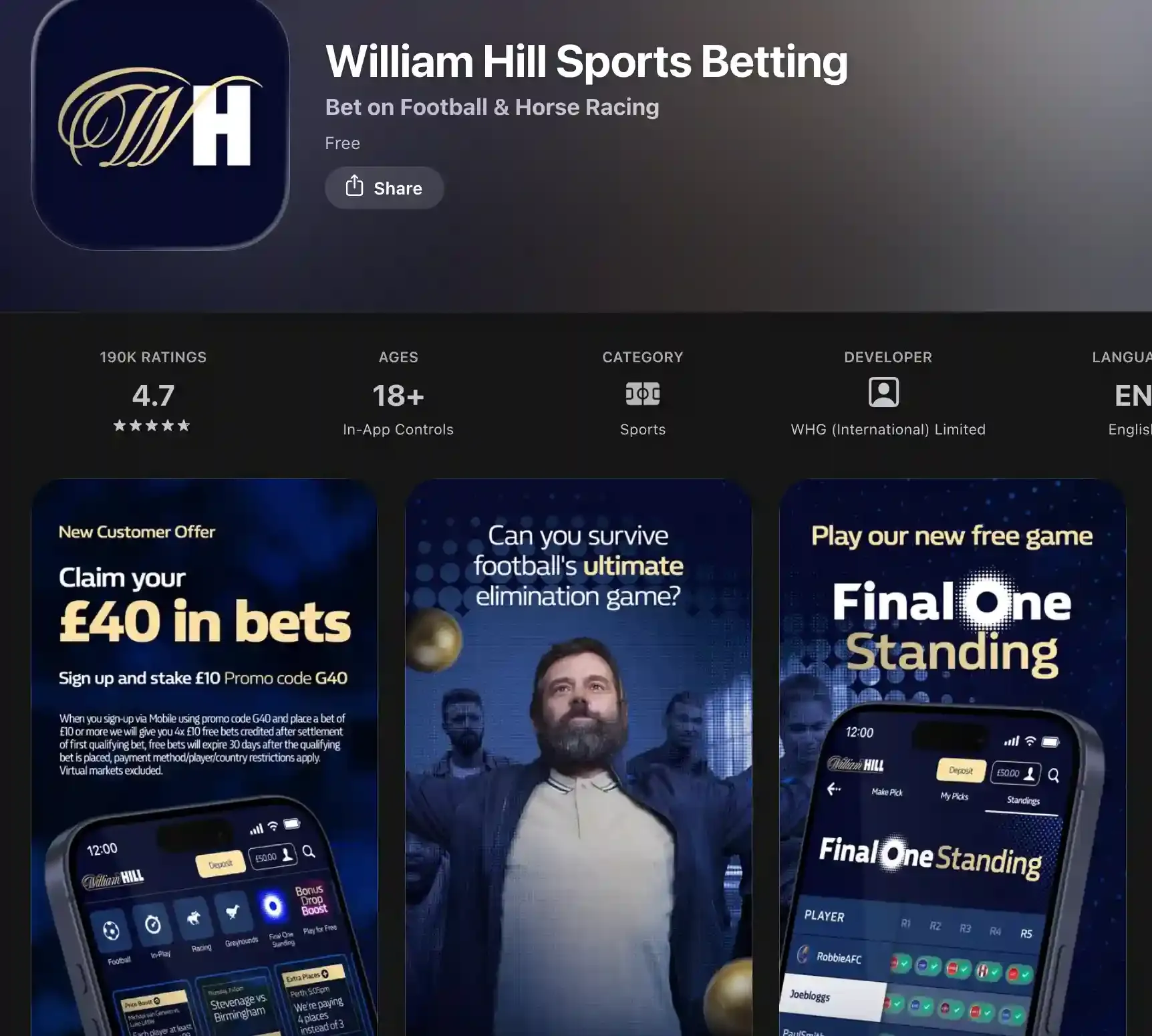UK App Store listing for William Hill Sports Betting, rated 4.7 from 190K ratings