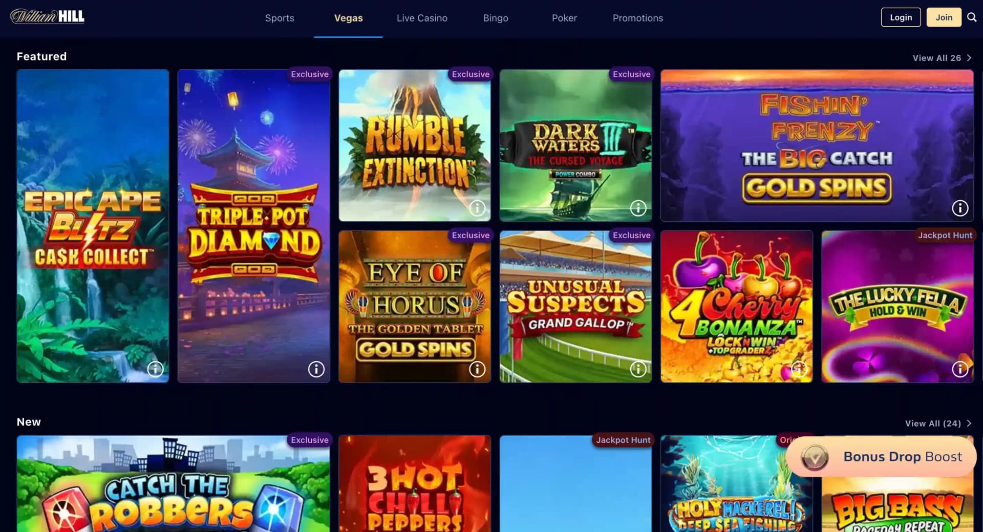 William Hill Vegas featured games lobby with Epic Ape Blitz, Triple Pot Diamond and Rumble Extinction tiles