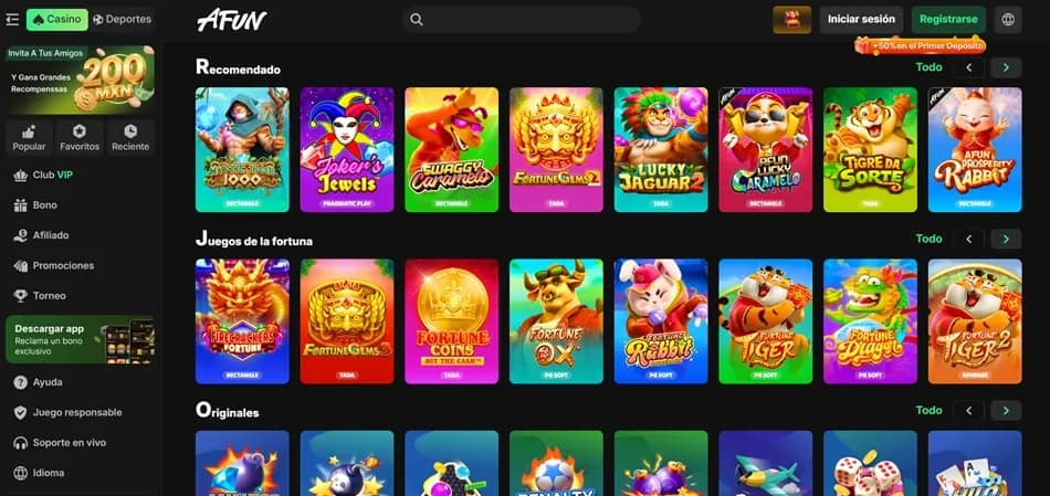 Lobby de juegos de AFun Casino México