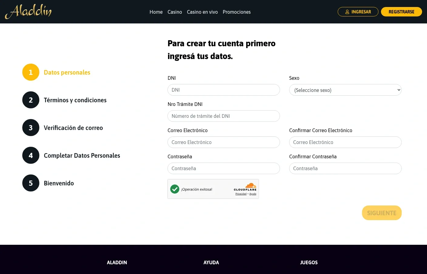 Formulario de registro de Aladdin con DNI, correo y contraseña