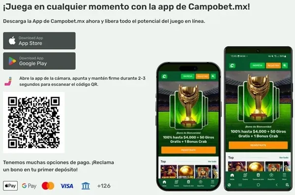 App de Campobet.mx para iOS y Android con código QR y bono de 100% hasta $4,000 + 50 giros gratis + 1 Bonus Crab