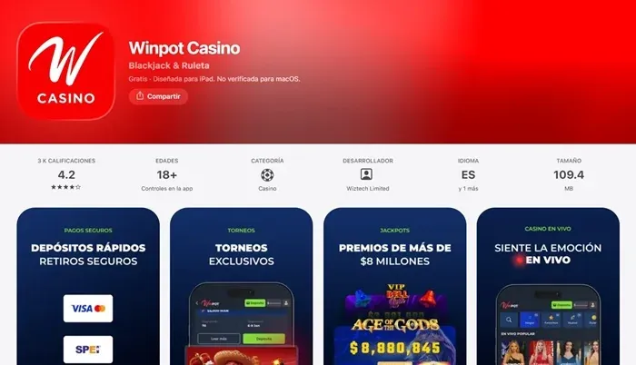 Ficha de Winpot Casino en App Store con calificación 4.2 y premios de más de $8 millones