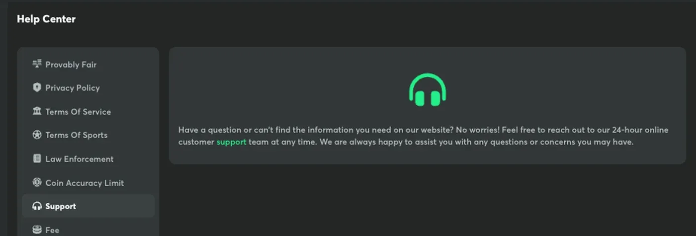 BC.Game Help Center and 24-hour customer support statement