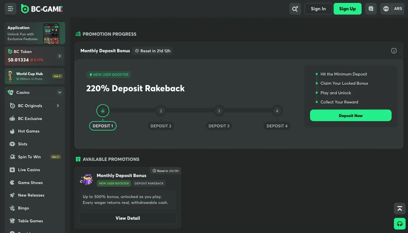 BC.Game 220% deposit rakeback new-user offer