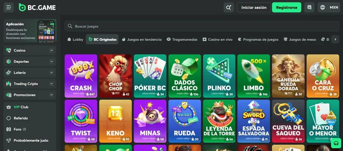 Filtros y tragamonedas del lobby de BC.Game México
