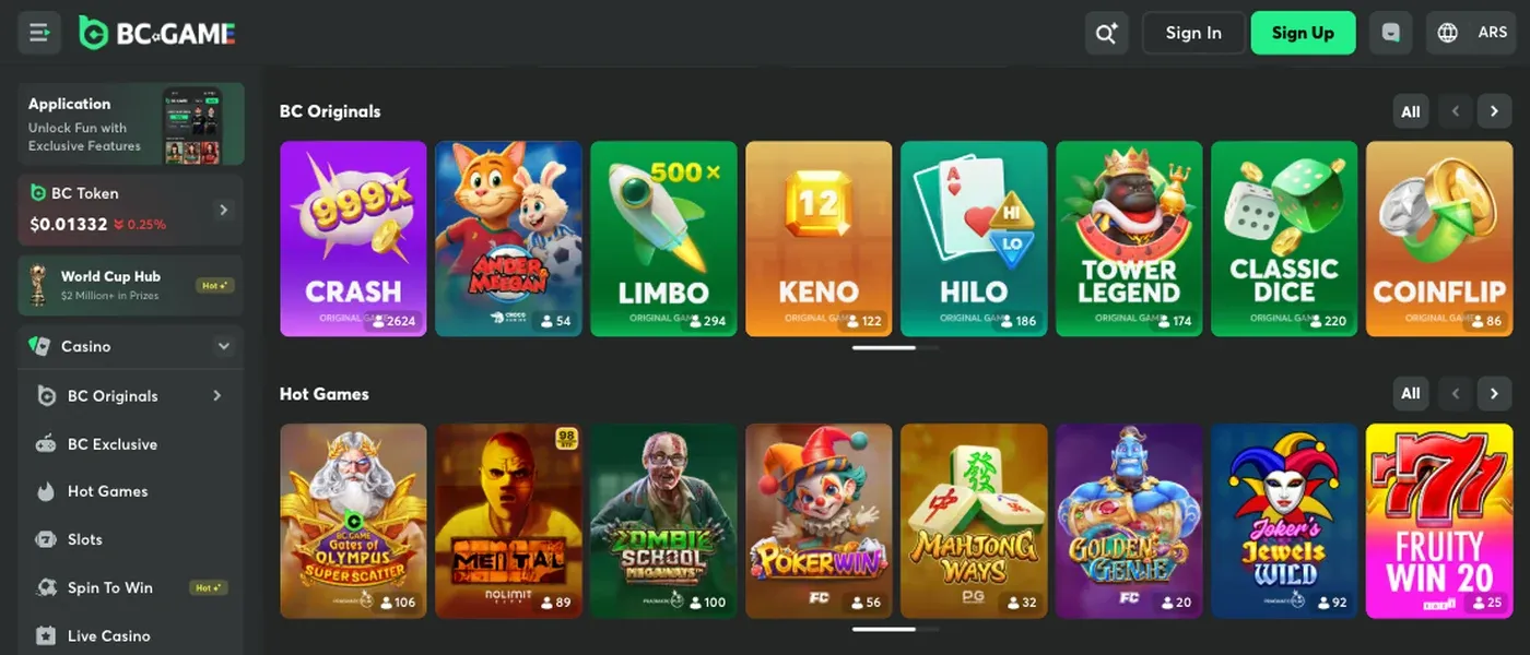 BC.Game Originals and Hot Games lobby rows