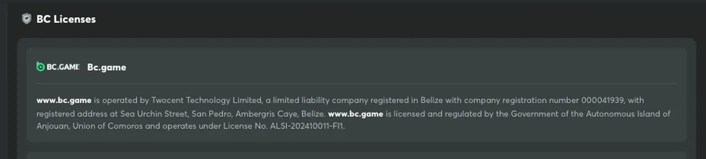BC.Game Twocent Technology Limited and Anjouan licence details