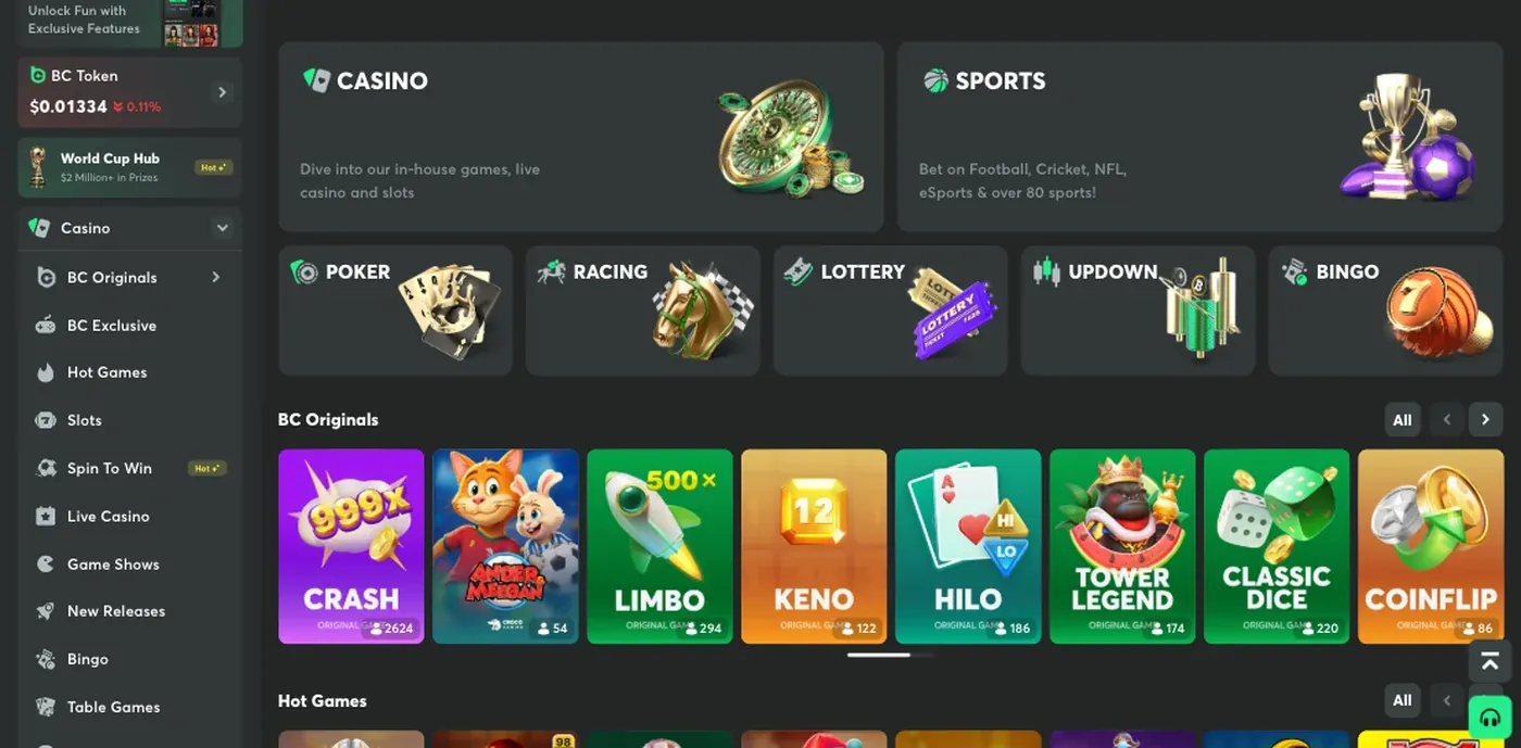 BC.Game product categories and BC Originals lobby