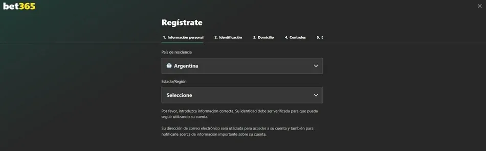 Formulario de registro de bet365 con Argentina como país de residencia