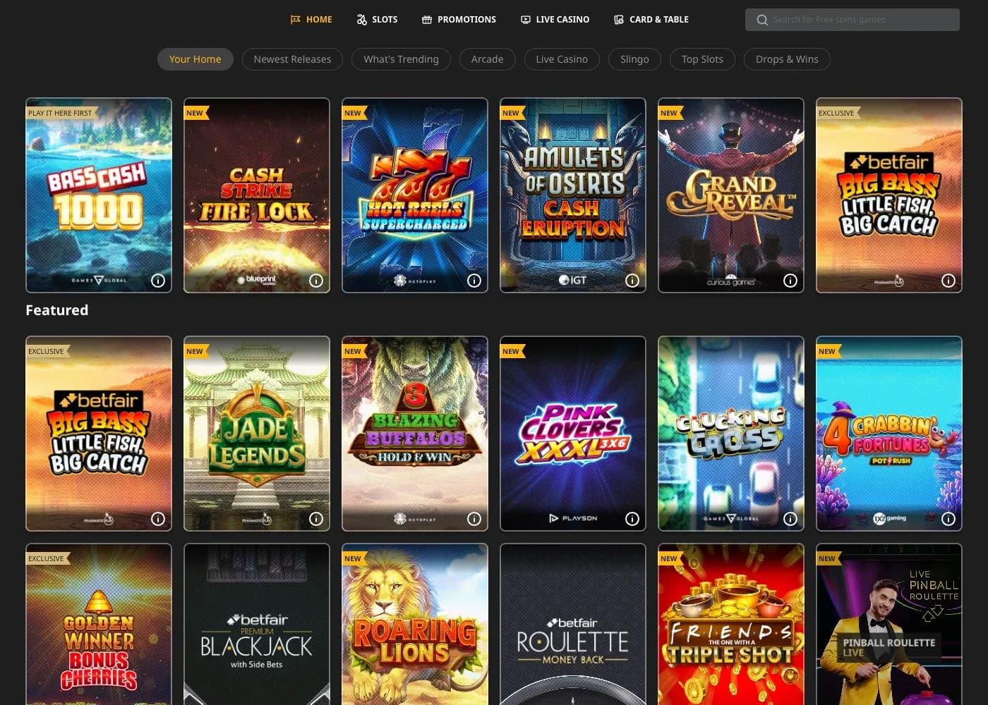 Betfair casino grid with loaded slot, table and live-product cards