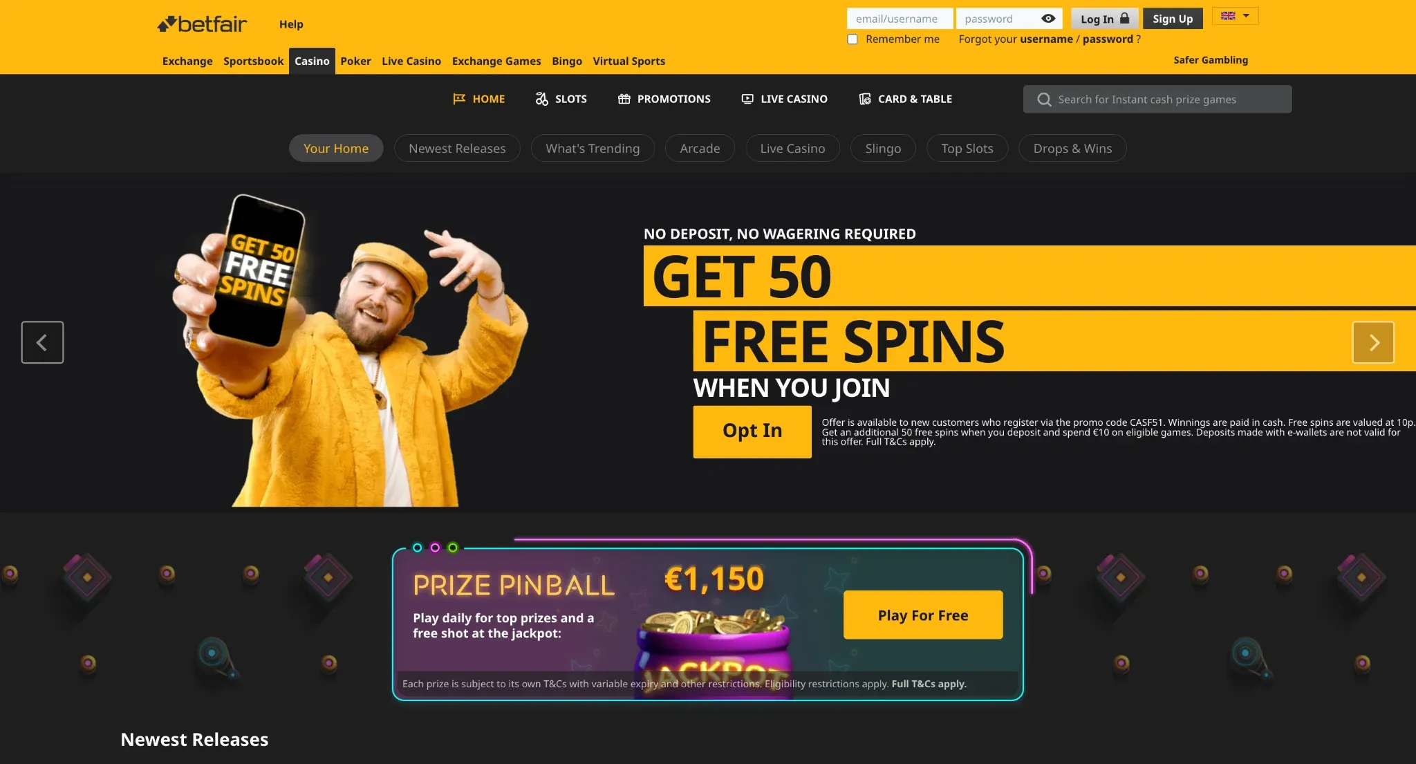 Betfair casino lobby and free spins offer in Ireland