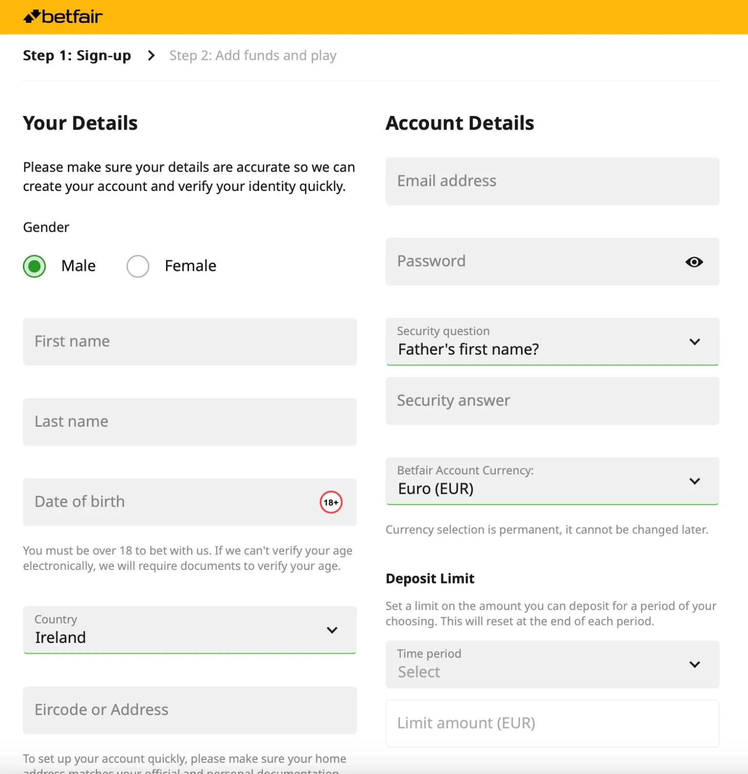 Betfair Ireland registration form with blank personal fields, euro currency and deposit limit controls