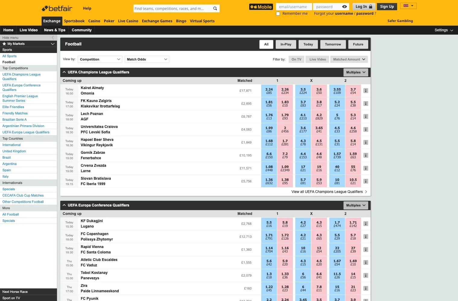 Betfair Exchange showing football markets with back and lay prices