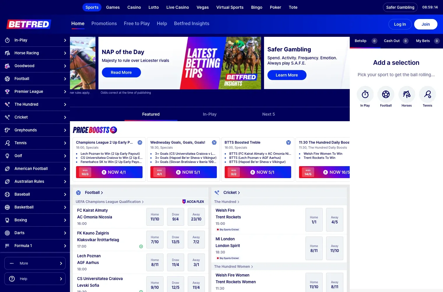 Betfred UK sportsbook showing price boosts and football and cricket markets
