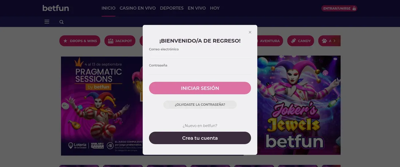 Acceso a Betfun Argentina con inicio de sesión y creación de cuenta