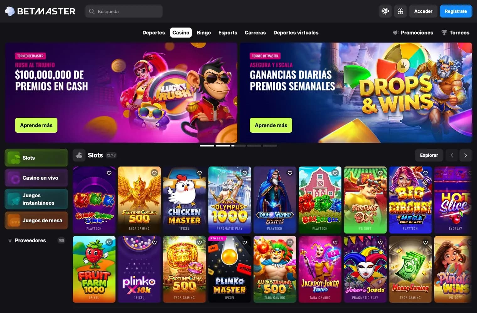 Lobby de Betmaster México con slots y promociones de casino