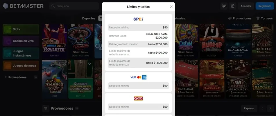 Límites y tarifas de SPEI en Betmaster México