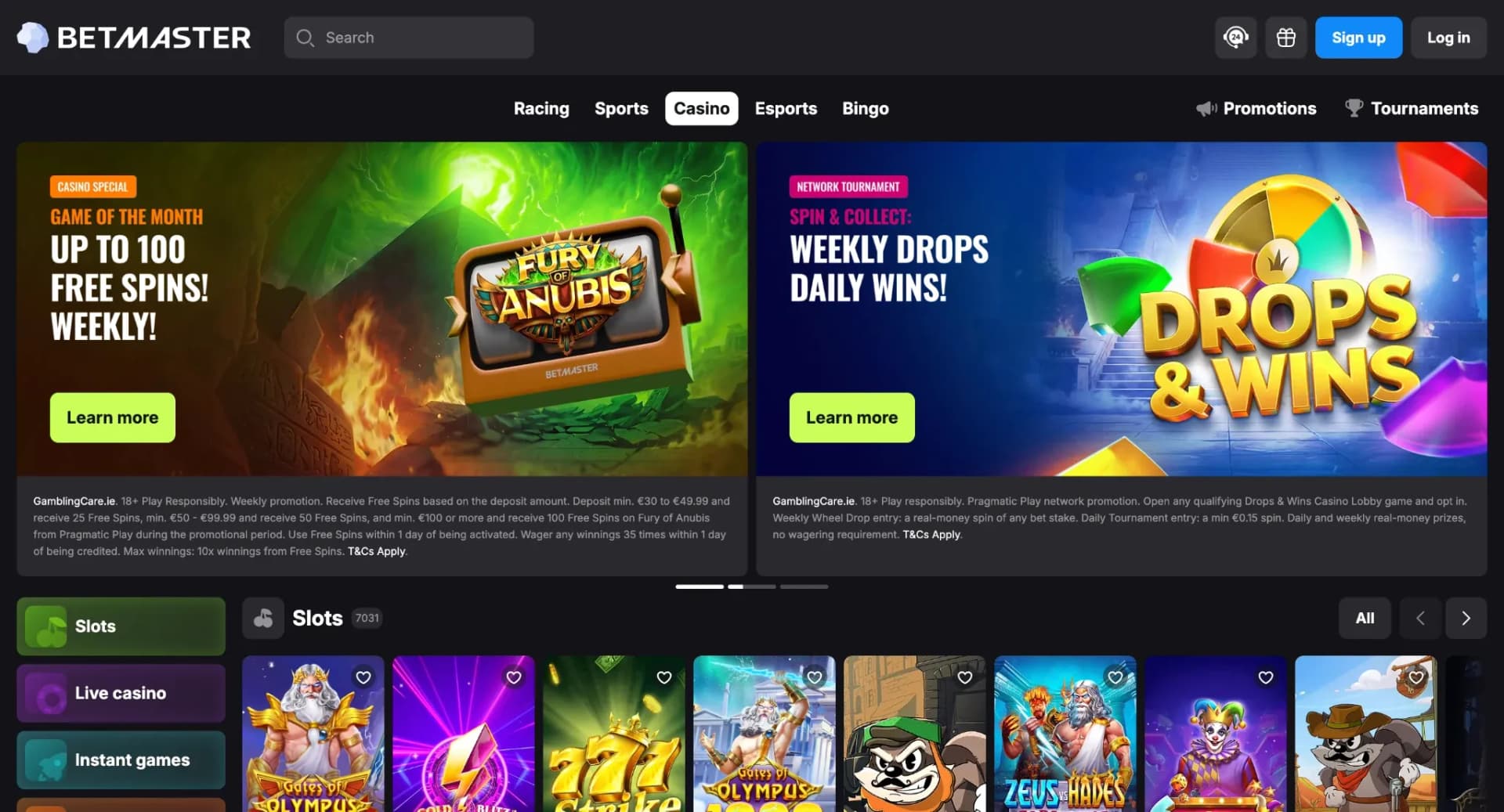 Betmaster casino lobby in Ireland