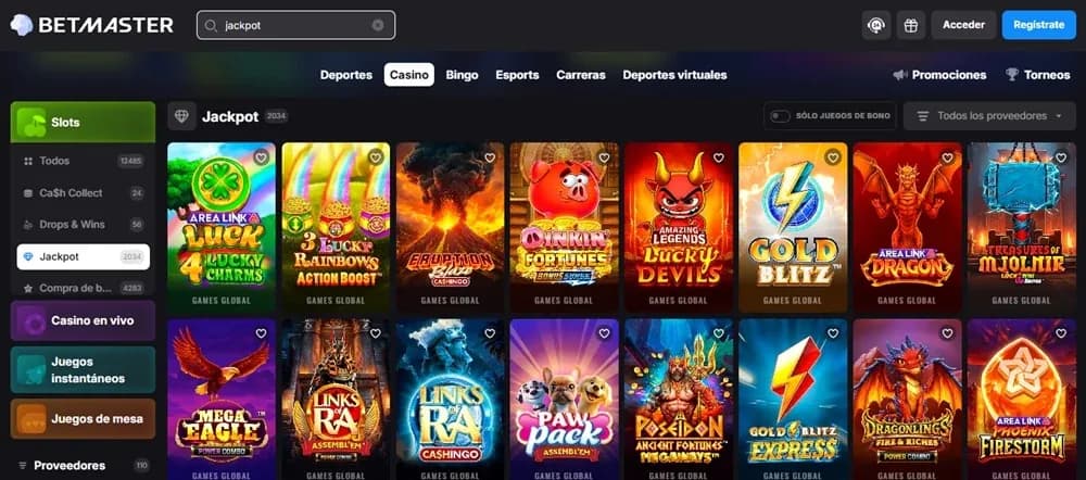 Categoría de juegos con jackpot en Betmaster México