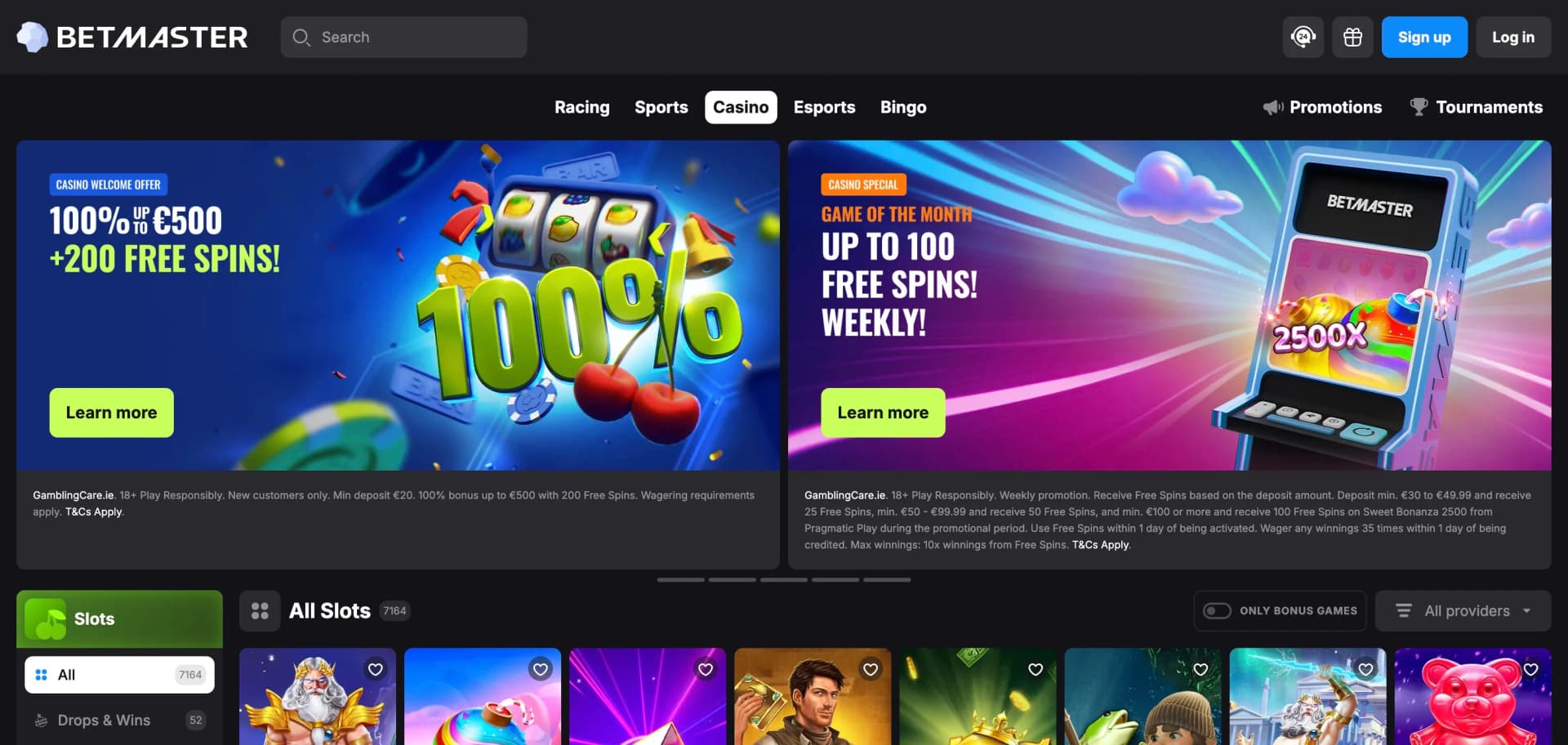 Betmaster Ireland slots lobby with current game cards and filters