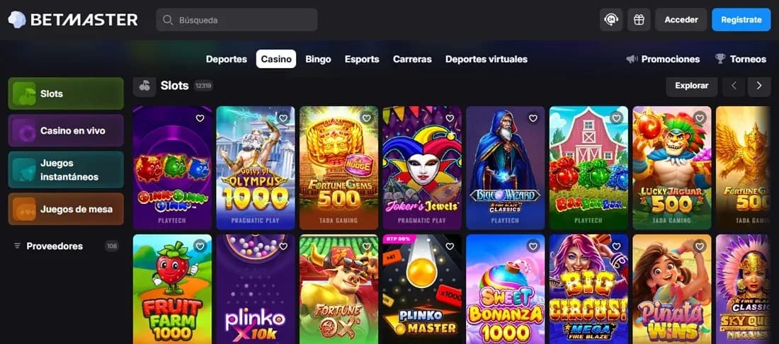 Lobby de tragamonedas y categorías de Betmaster México