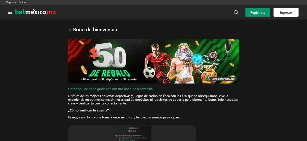 Bono sin depósito de $50 MXN en BetMexico