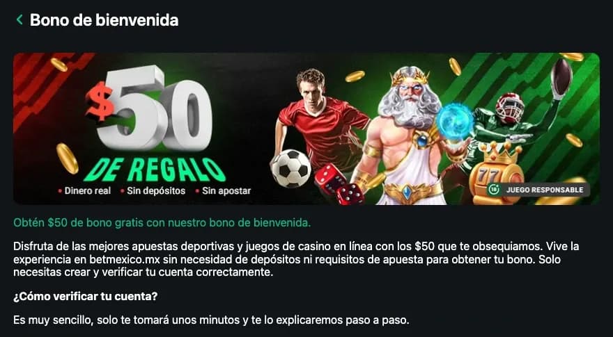 Promoción oficial de $50 y verificación de cuenta en BetMexico
