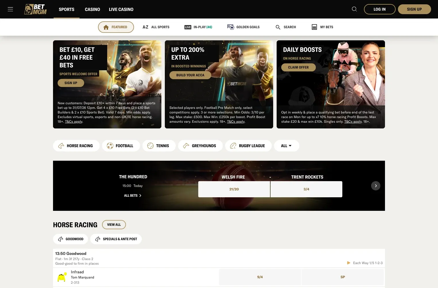 BetMGM UK sportsbook showing sports offers and horse-racing odds