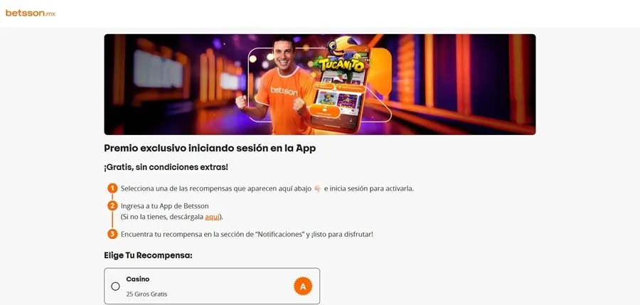 Oferta de 25 giros gratis de Betsson en su app de México