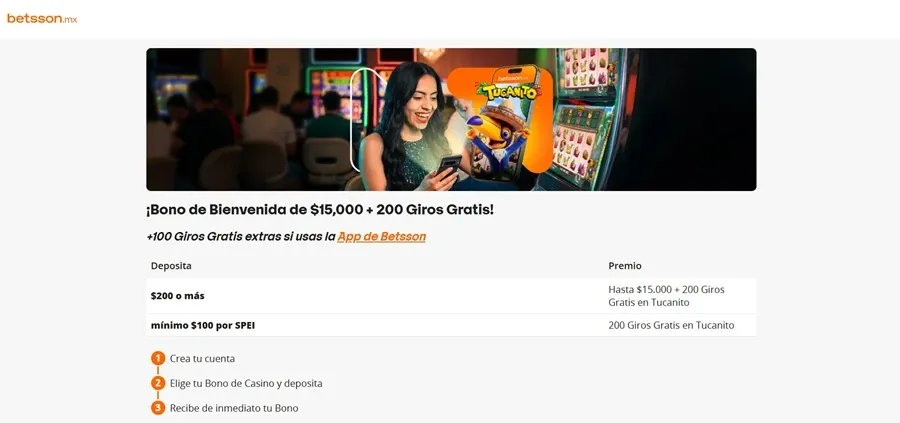 Bono de bienvenida con 200 giros de Betsson México