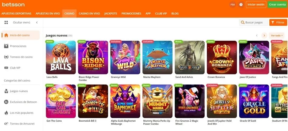 Lobby de juegos nuevos del casino Betsson PBA