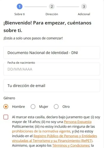 Primer paso del registro de Betsson Argentina con DNI y declaración PEP