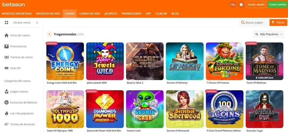 Tragamonedas y exclusivos de Betsson PBA